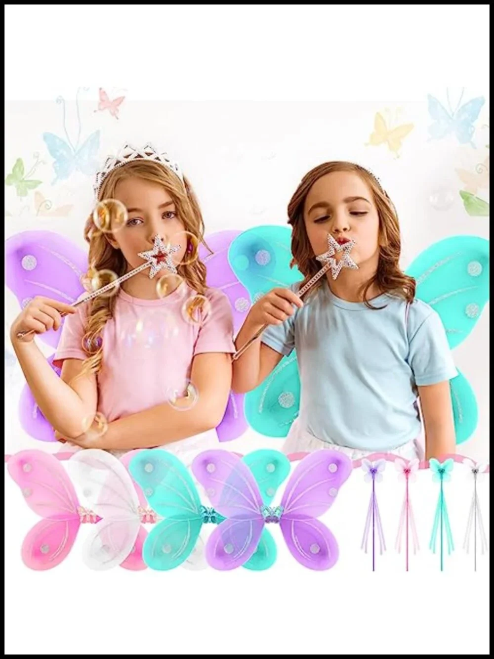 12 Sets Fairy Butterfly Wings with Wands, Pretend Play Costume Accessories for